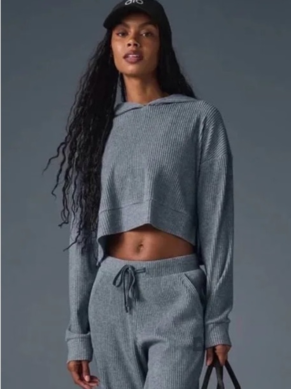 Cropped Ribbed Hoodie Top - Gray Alo Muse
